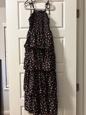 Black Floral Tiered Maxi Dress with Pink & Green Accents